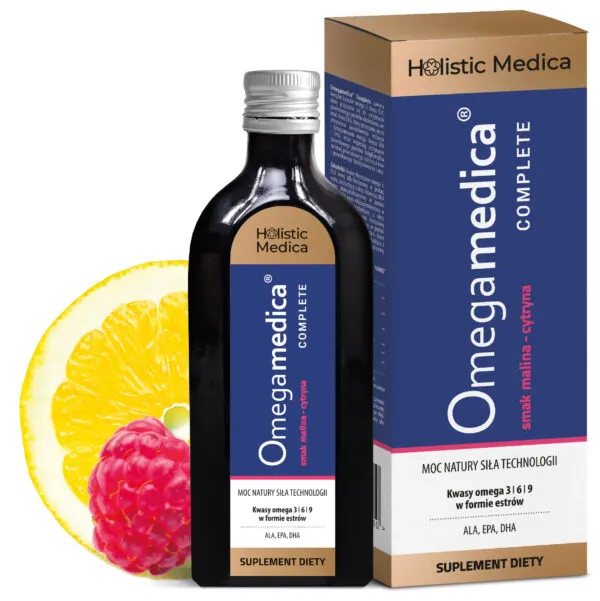Omegamedica COMPLETE - Moc natury Siła technologii Kwasy Omego 3 6 9 w formie Estrów ALA, EPA, DHA Malina-Cytryna 250ml Holistic Medica