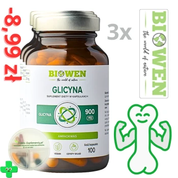 Zestaw: 3x Glicyna 900mg 100kaps. VEGE Biowen + pojemnik suplementy