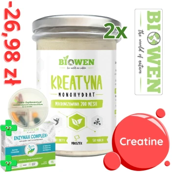 Zestaw: 2x Kreatyna Monohydrat 250g Vege Biowen +Blister Enzymax +pojemnik na suple